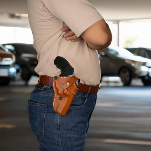 Premium OWB Leather Holster for Most .38 Special & J Frame Revolvers for Taurus 327/380/856/85, S&W 637/442/640/642, Ruger LCR/SP101, Kimber 6S, Rossi Model 68, Fit 2" - 2.25", Brown, Right/Left