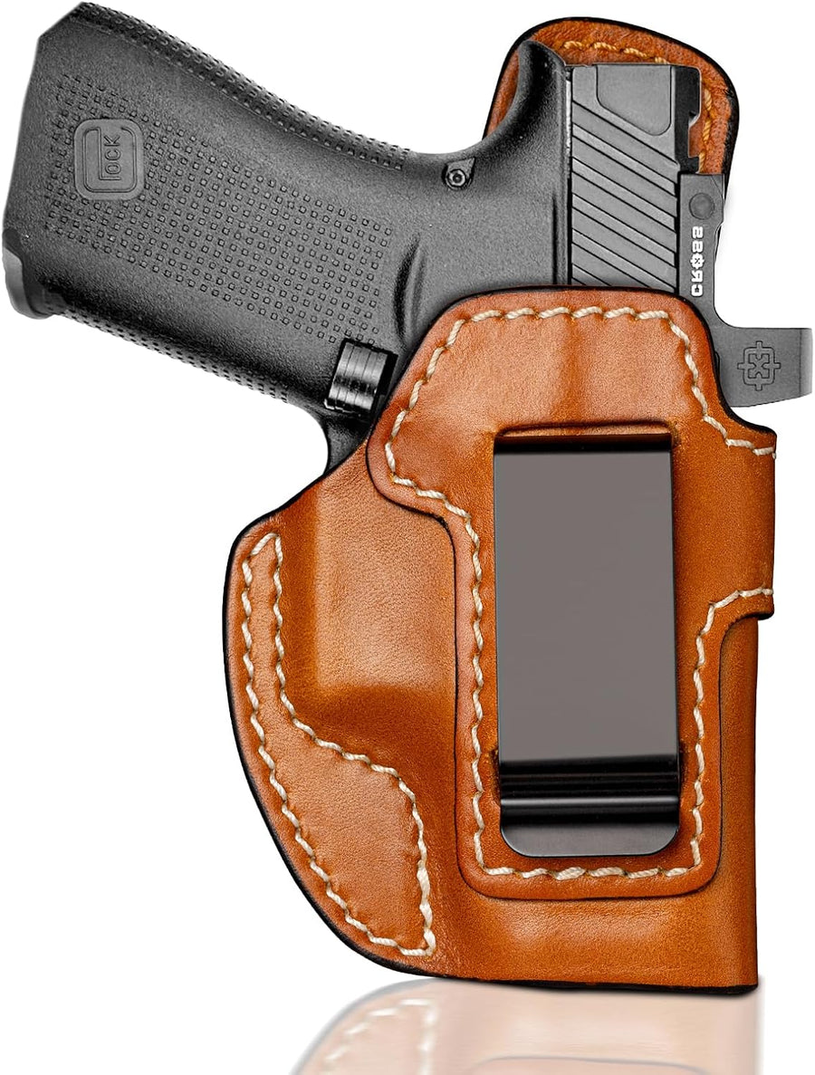 Premium IWB Leather Holster for Glock 43, Glock 43X, Glock 43X MOS, Concealed Carry Holster with Optic Cut, Steel Clip Fits 1.75" Belt, Inside Waistband Holster, Classic Brown Color, Right/Left Hand